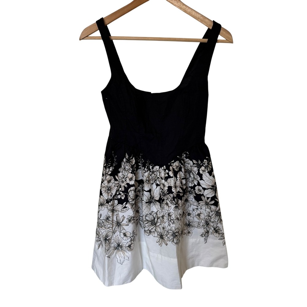 H&M Floral Fit and Flare Dress Womens XXS Black White New NWT Square Neck Cotton